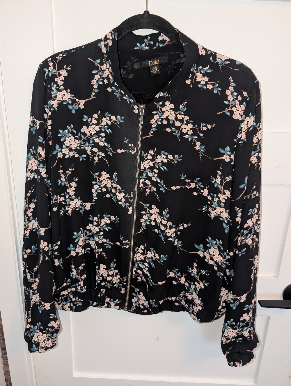 Dalia Black Floral Bomber Jacket with Pink Blossoms and Teal Leaves